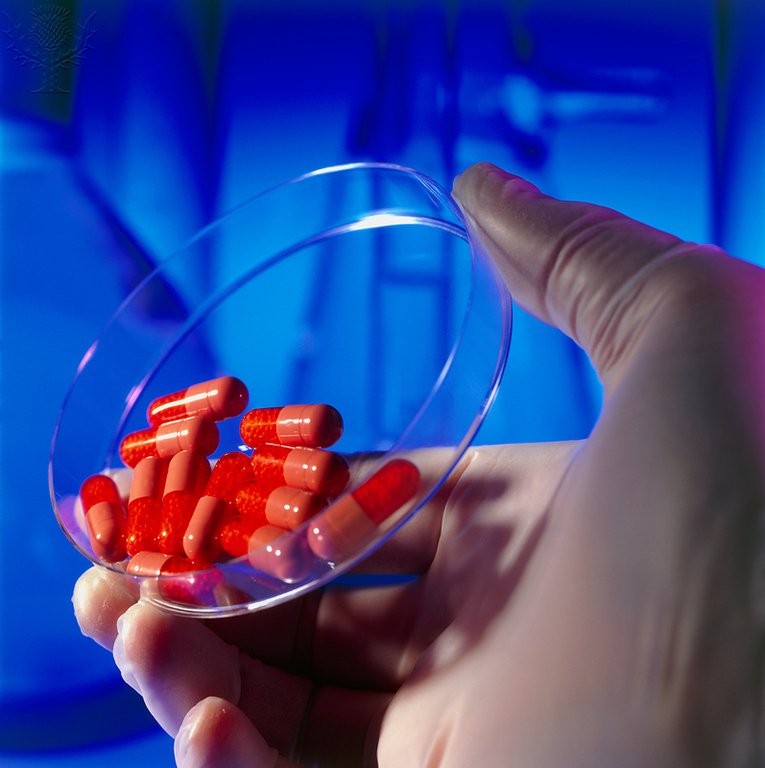 Gloved hand holding a dish of red drug capsules