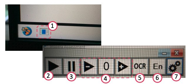 En skärmbild som visar utseendet på skärmbilden i Inspera och positionerna av knapparna