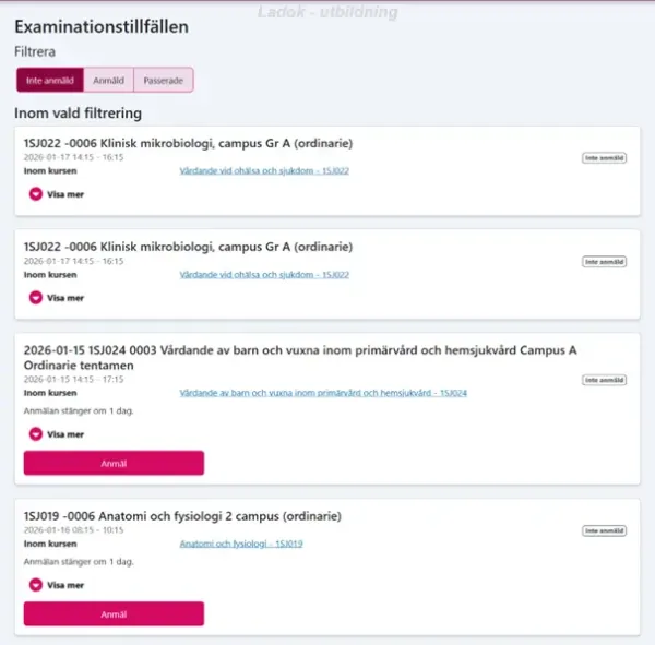 Skärmdumpar från systemet Ladok.